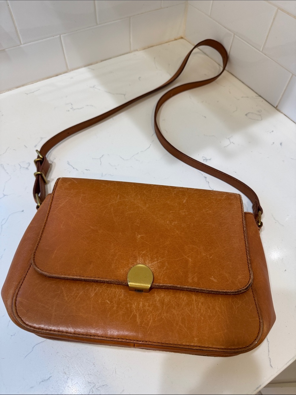 Madewell Tan Leather Flap Crossbody with Gold Clasp